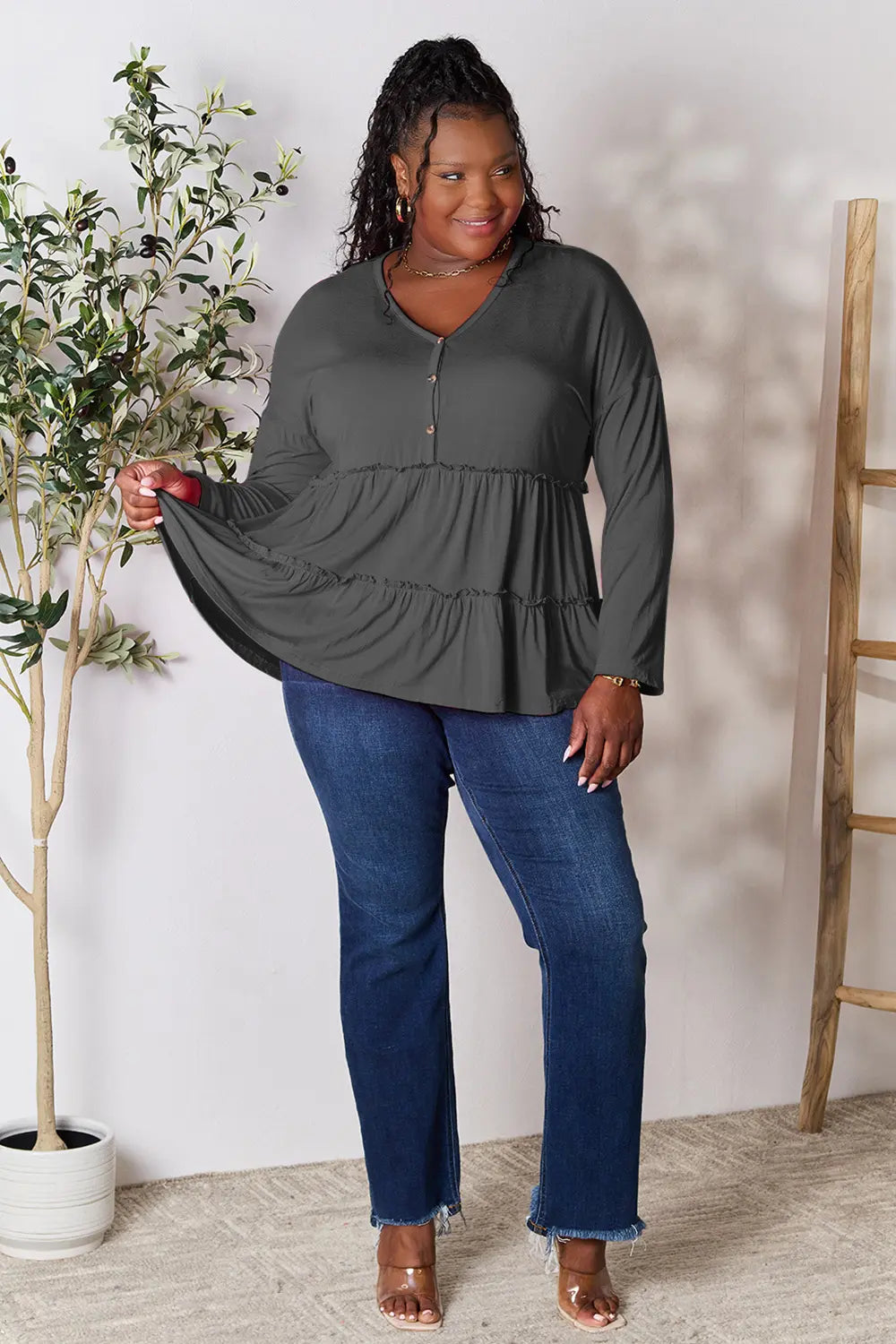 Double Take Half Button Long Sleeve Ruffle Hem Blouse - LoveNest Treasures