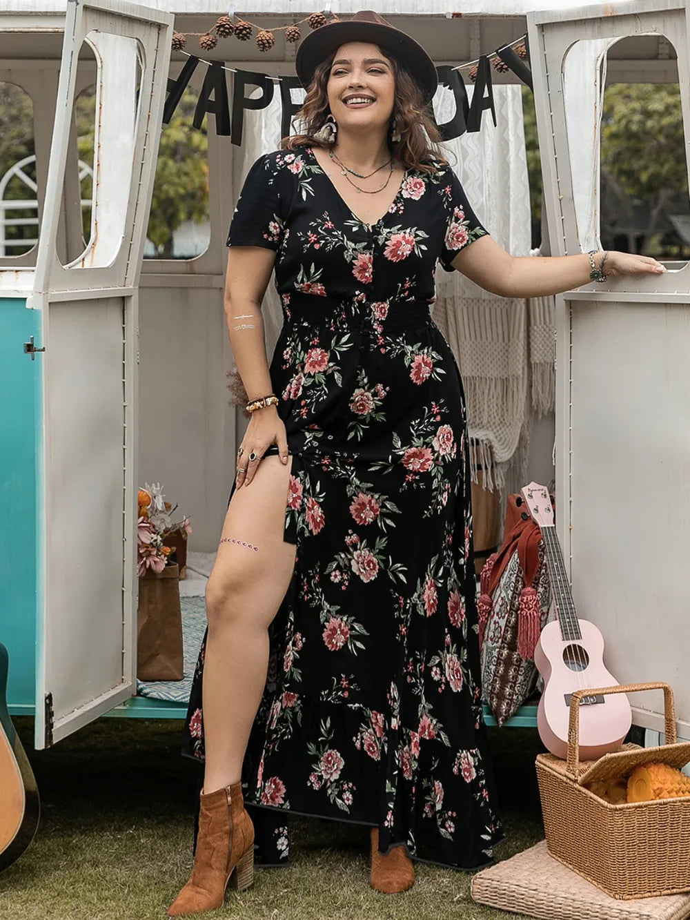Plus Size Button Detail Printed V-Neck Short Sleeve Maxi Dress - LoveNest Treasures