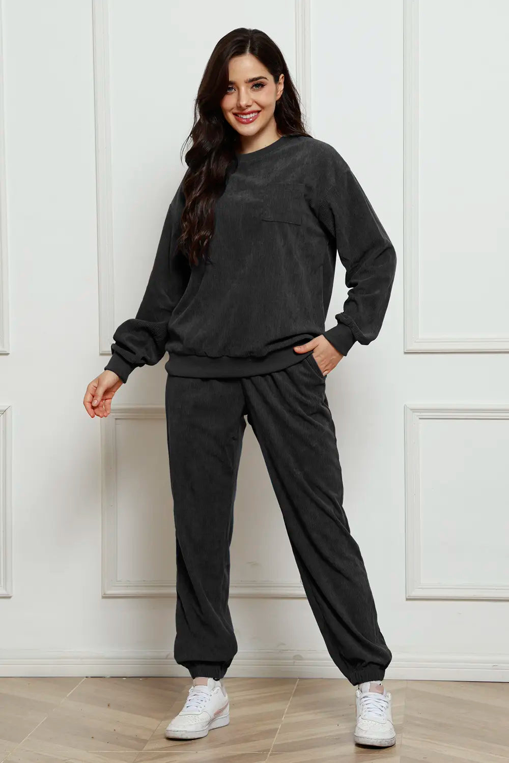 Corduroy Round Neck Sweatshirt and Sweatpants Set - LoveNest Treasures