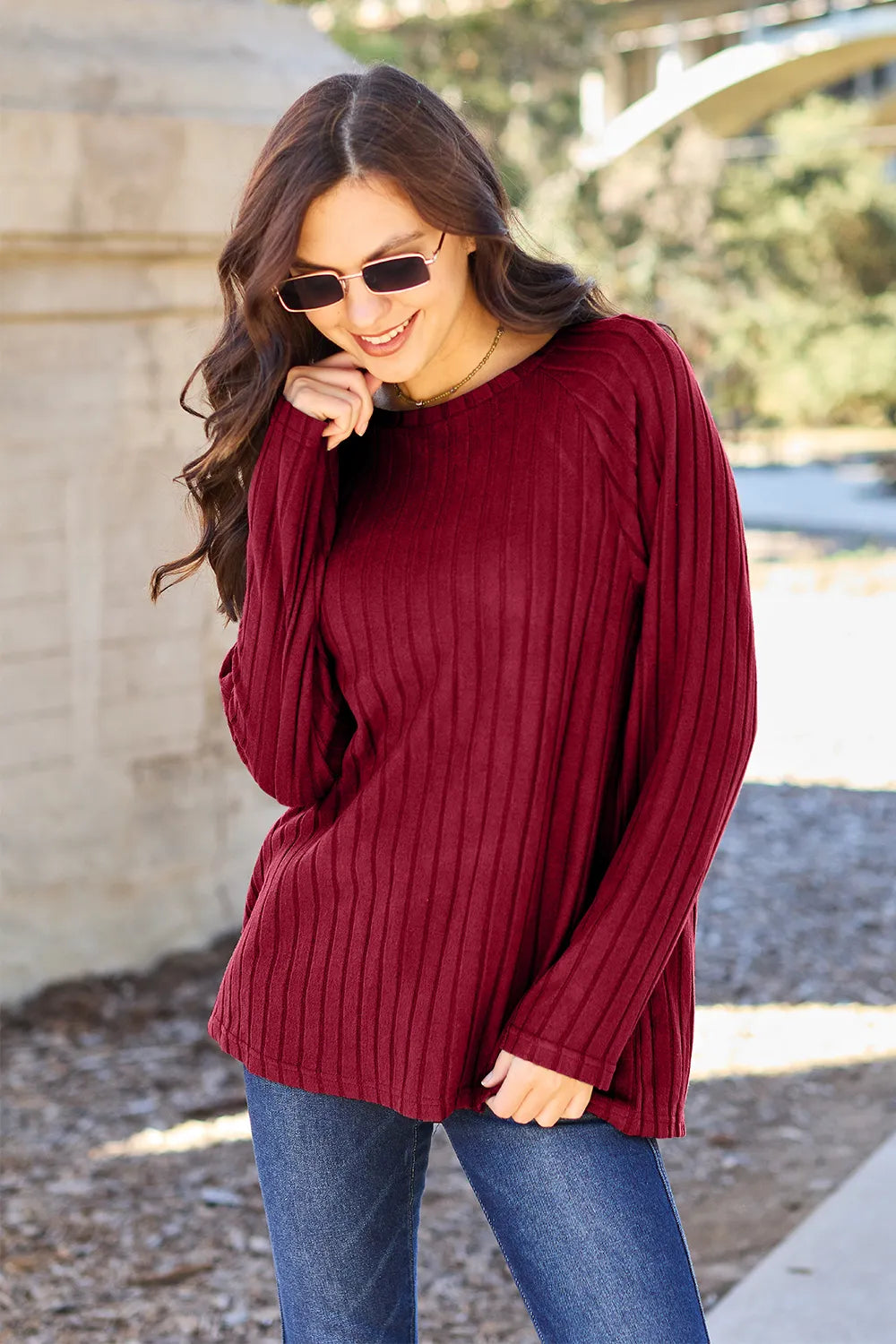 Basic Bae Full Size Ribbed Round Neck Long Sleeve Knit Top - LoveNest Treasures