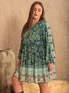 Plus Size V-Neck Balloon Sleeve Printed Mini Dress - LoveNest Treasures