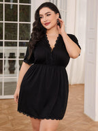 Plus Size Lace Trim Deep V Night Dress - LoveNest Treasures