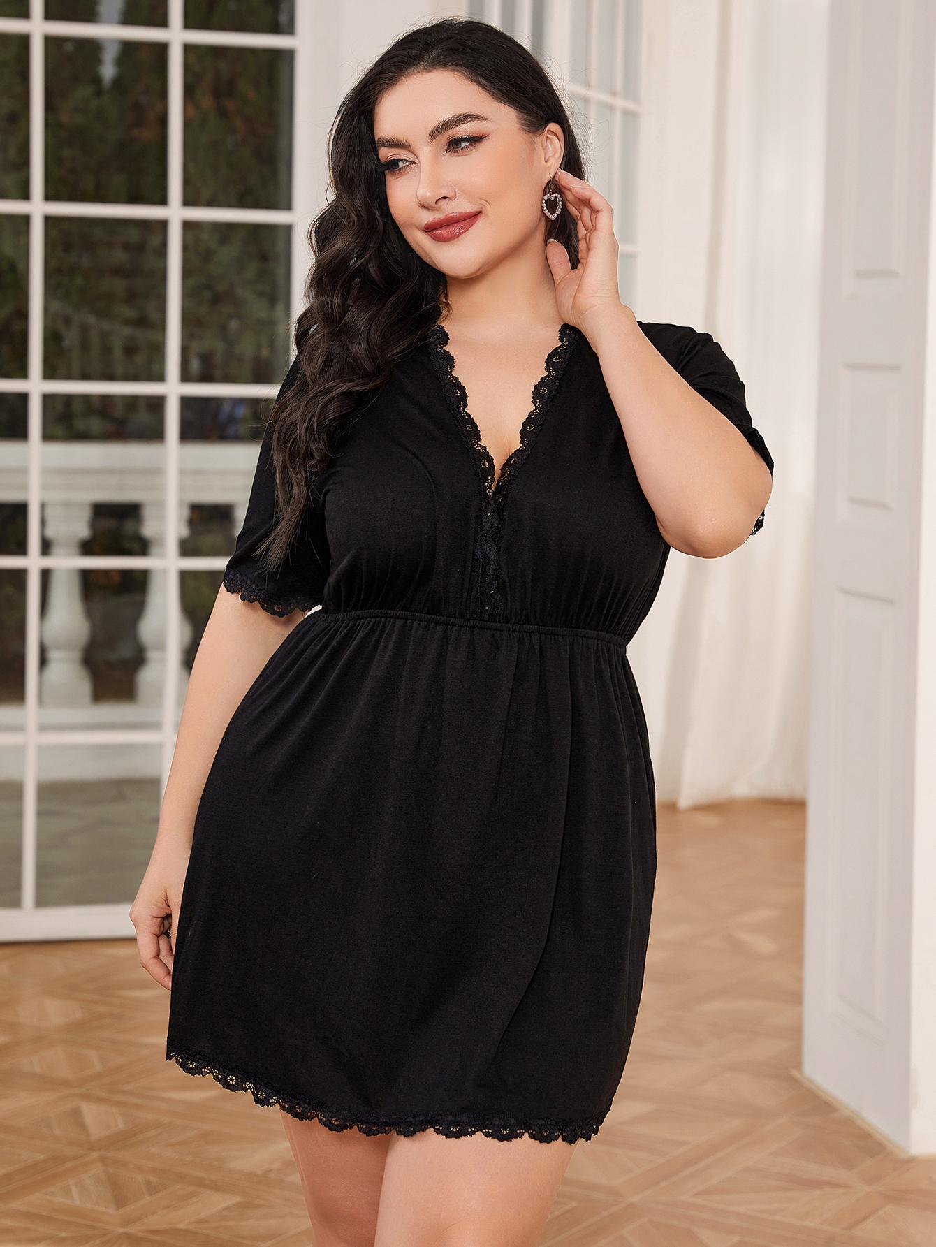 Plus Size Lace Trim Deep V Night Dress - LoveNest Treasures