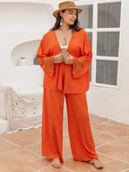 Plus Size Lace Detail Long Sleeve Top and Pants Set - LoveNest Treasures