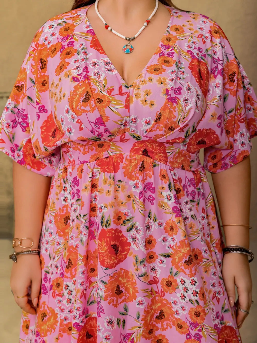 Plus Size Slit Floral V-Neck Half Sleeve Maxi Dress - LoveNest Treasures