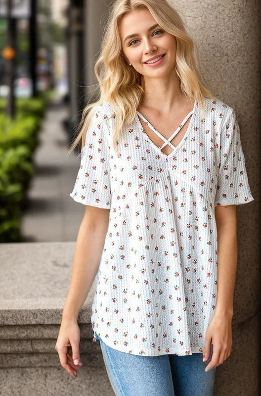 Heimish Full Size Crisscross Ditsy Floral Babydoll Top Plus Size - LoveNest Treasures