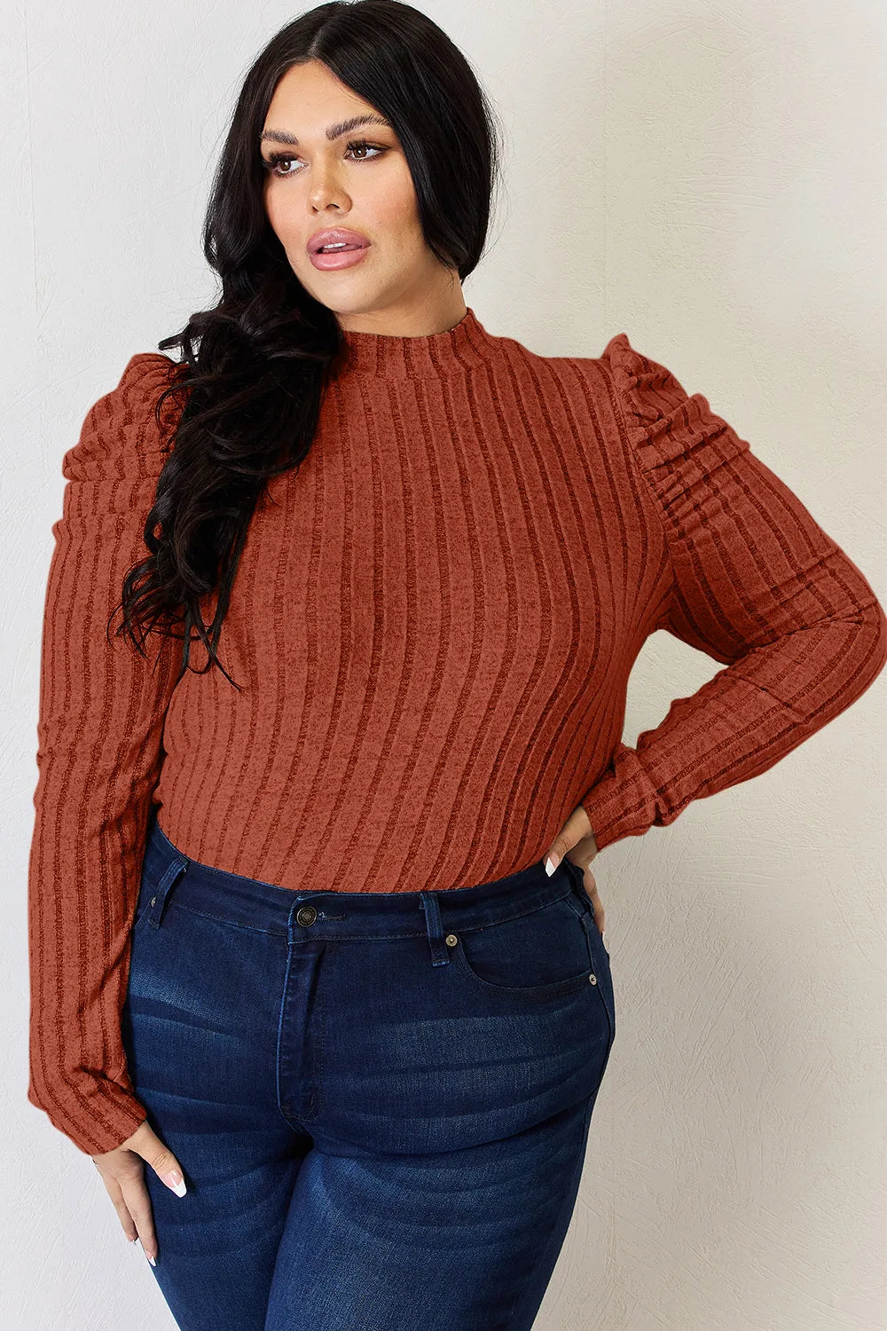 Basic Bae Full Size Ribbed Mock Neck Puff Sleeve T-Shirt - LoveNest Treasures