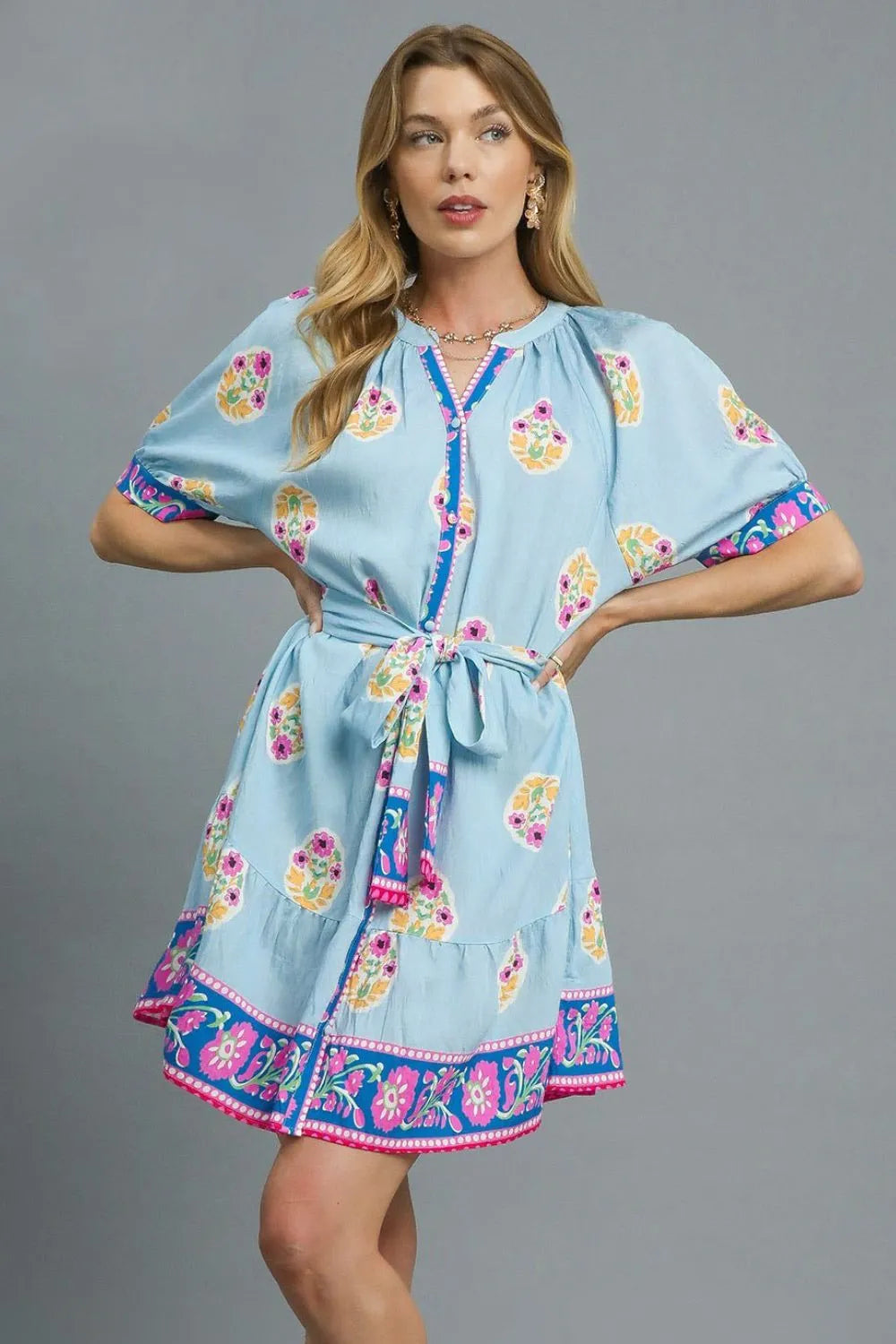 Umgee Floral Print Tie Waist Short Sleeve Dress - LoveNest Treasures