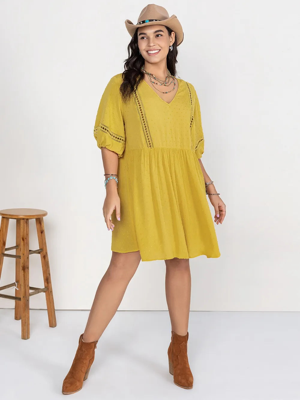 Plus Size Eyelet Swiss Dot Half Sleeve Mini Dress - LoveNest Treasures