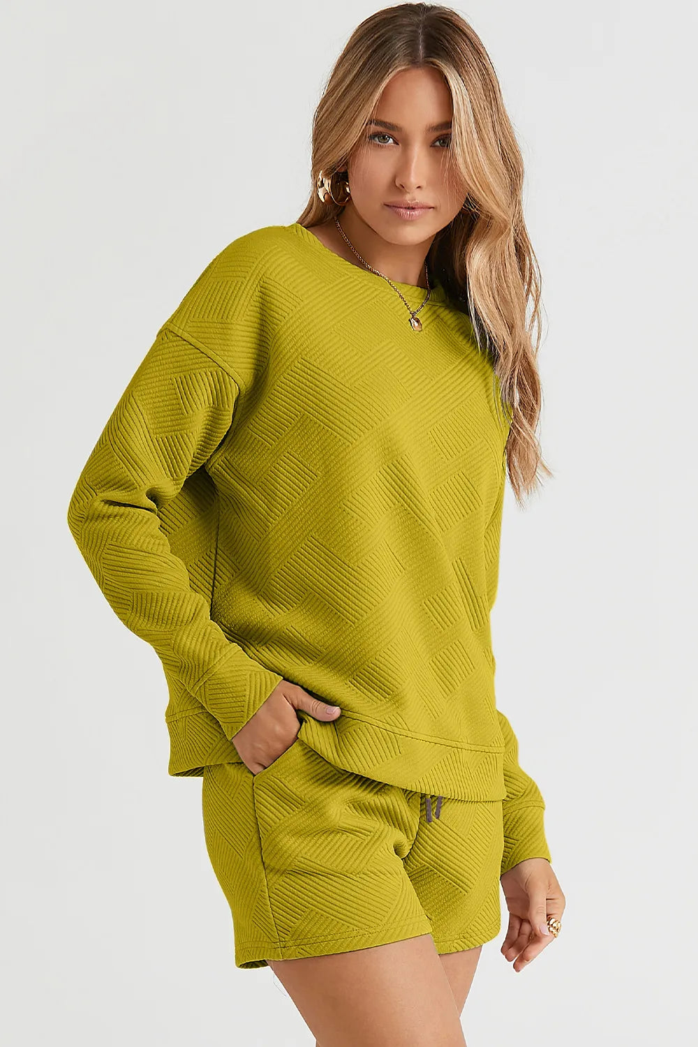 Double Take Full Size Texture Long Sleeve Top and Drawstring Shorts Set - LoveNest Treasures