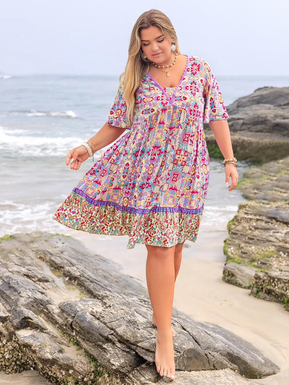 Plus Size Lace Detail Printed Half Sleeve Dress - LoveNest Treasures