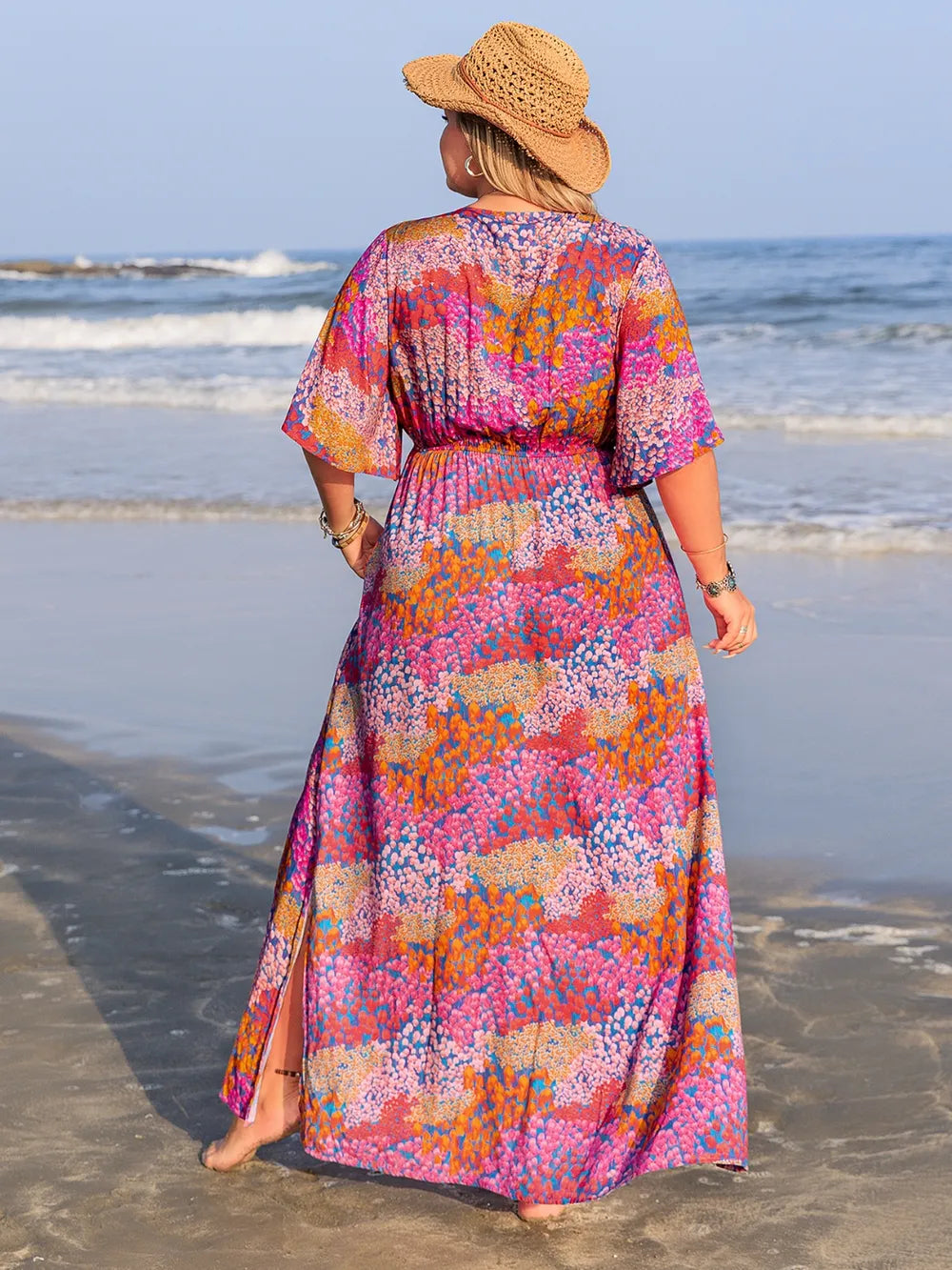 Plus Size Printed V-Neck Half Sleeve Maxi Dress - LoveNest Treasures
