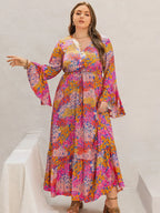 Plus Size Printed V-Neck Long Sleeve Maxi Dress - LoveNest Treasures