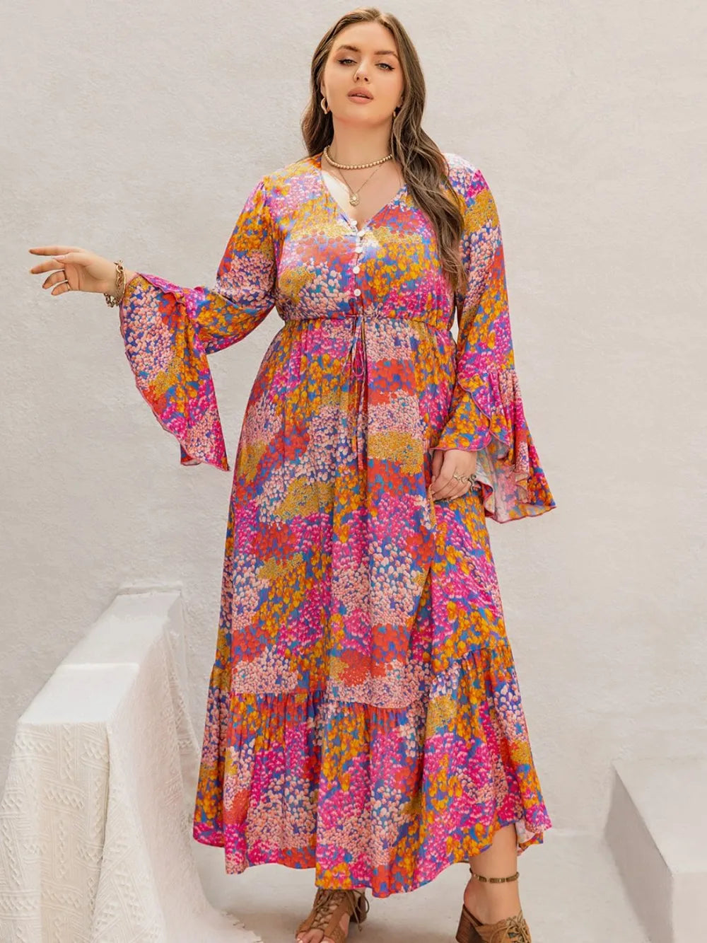 Plus Size Printed V-Neck Long Sleeve Maxi Dress - LoveNest Treasures