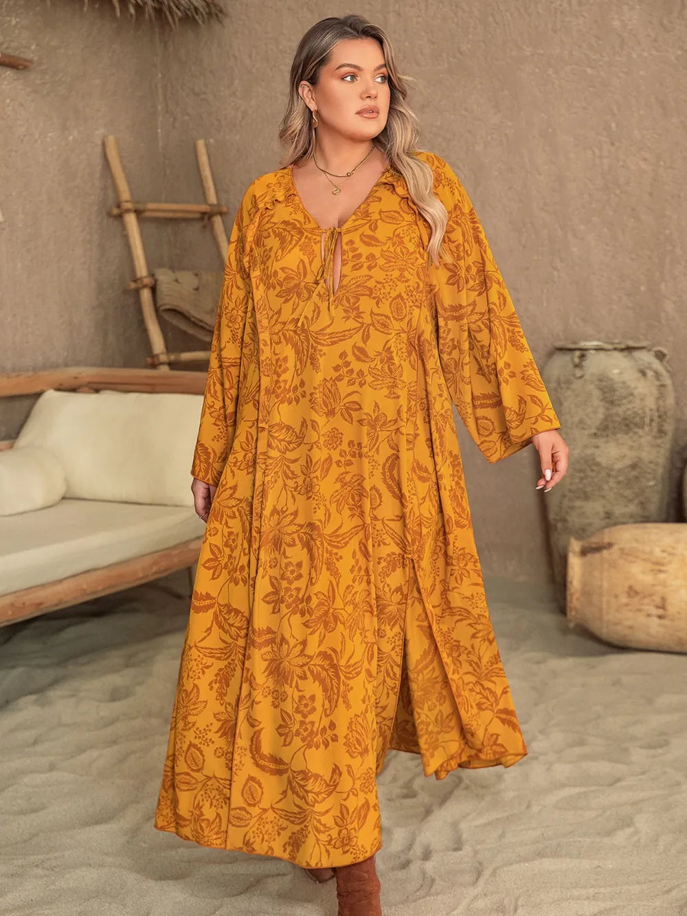 Plus Size Printed Slit Long Sleeve Dress - LoveNest Treasures