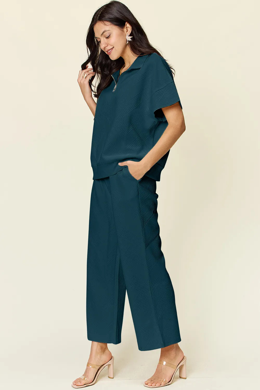 Double Take Full Size Texture Half Zip Short Sleeve Top and Pants Set - LoveNest Treasures
