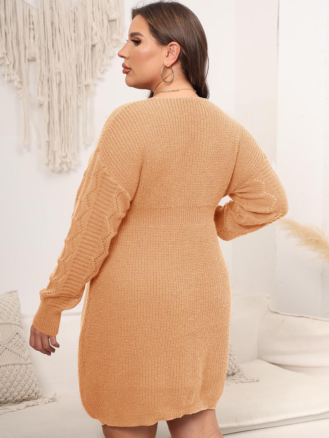 Plus Size Dropped Shoulder Long Sleeve Knit Mini Dress - LoveNest Treasures