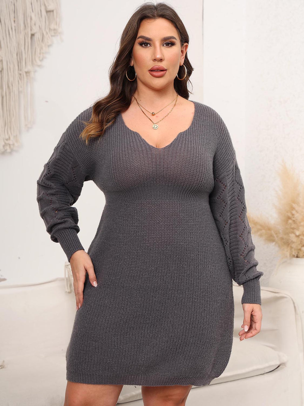 Plus Size Dropped Shoulder Long Sleeve Knit Mini Dress - LoveNest Treasures