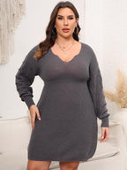 Plus Size Dropped Shoulder Long Sleeve Knit Mini Dress - LoveNest Treasures