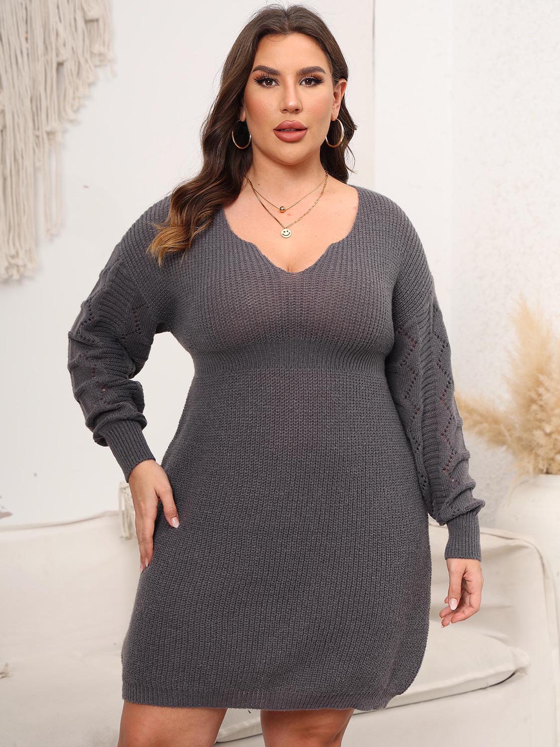 Plus Size Dropped Shoulder Long Sleeve Knit Mini Dress - LoveNest Treasures