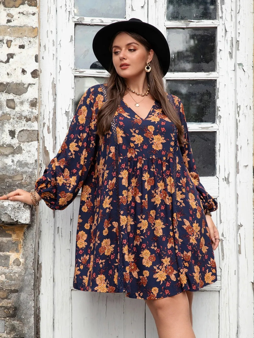 Plus Size Floral V-Neck Balloon Sleeve Dress - LoveNest Treasures