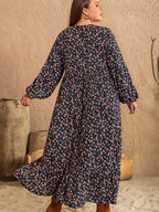 Plus Size Printed V-Neck Balloon Sleeve Dress - LoveNest Treasures