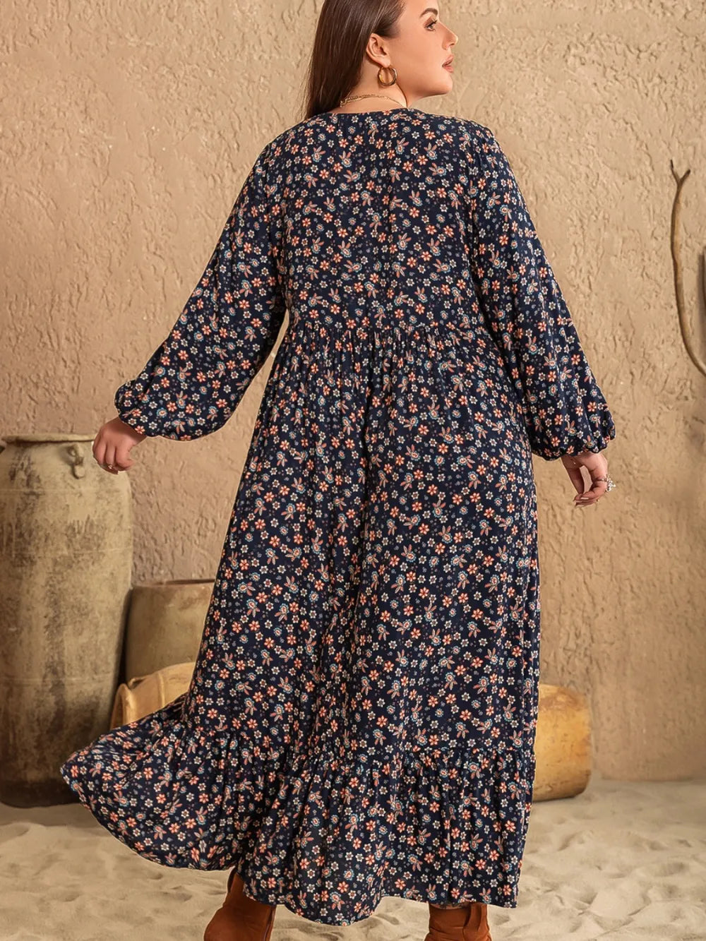 Plus Size Printed V-Neck Balloon Sleeve Dress - LoveNest Treasures