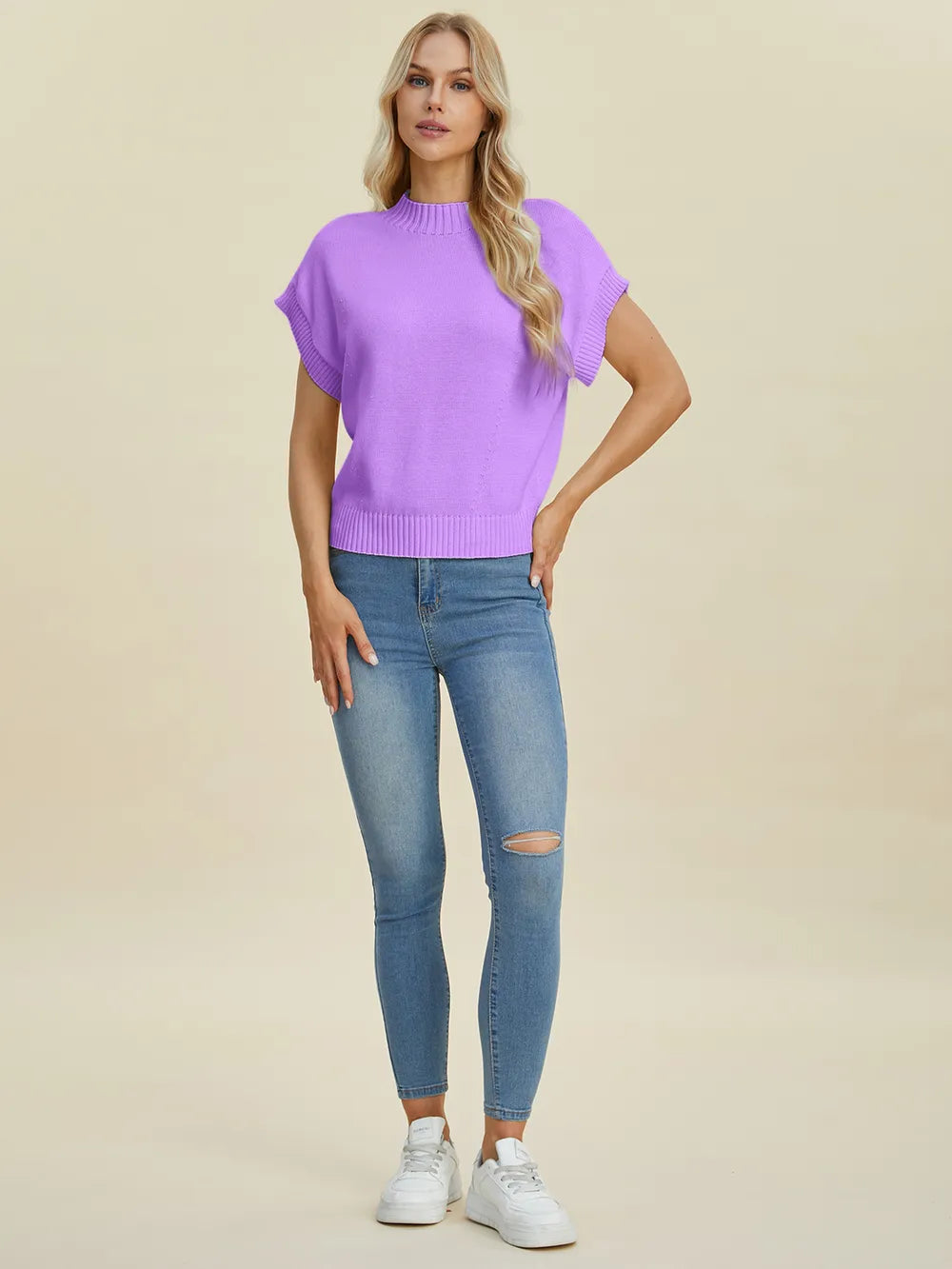 Double Take Full Size Mock Neck Short Sleeve Sweater - LoveNest Treasures