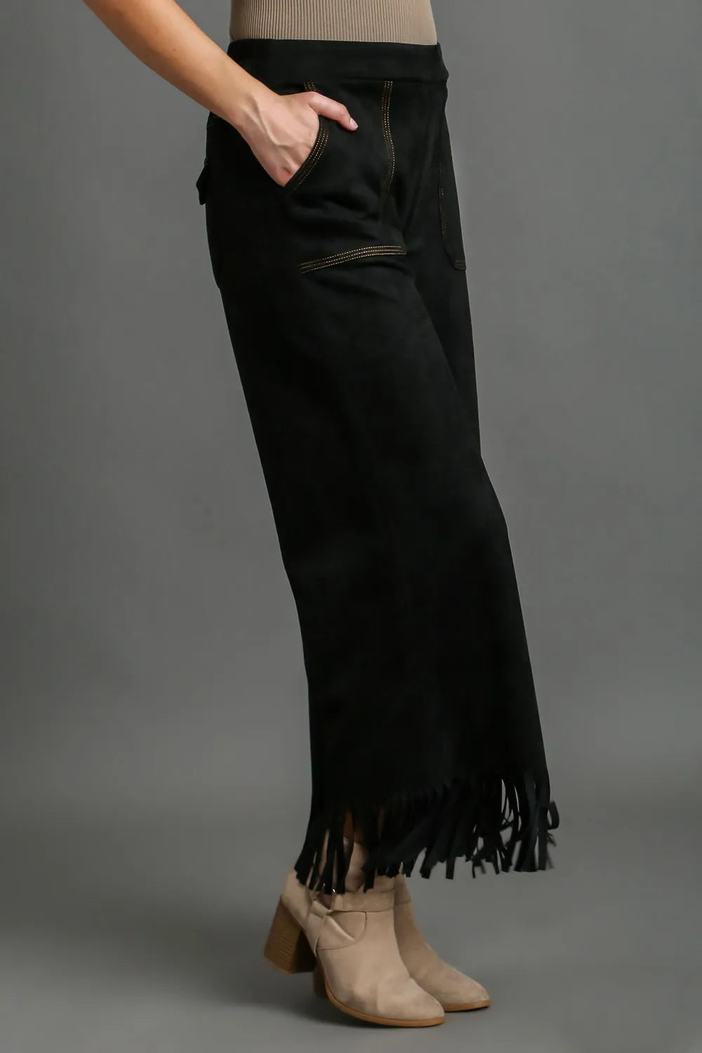 Umgee Full Size Suede Fringe Hem Wide Leg Pants Plus Size - LoveNest Treasures