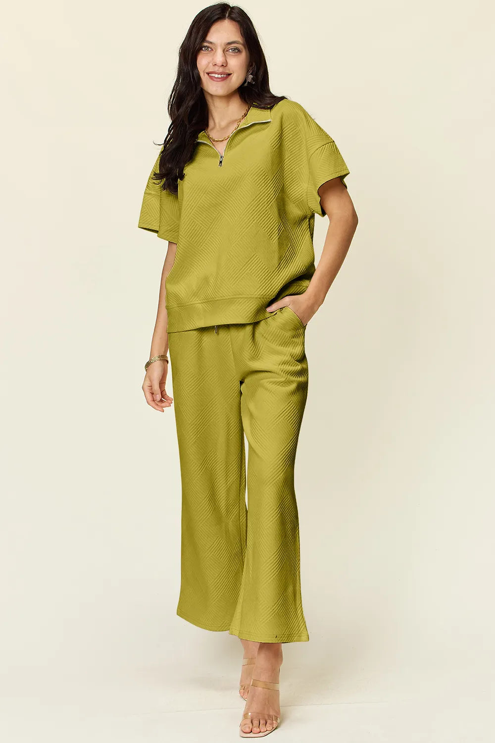 Double Take Full Size Texture Half Zip Short Sleeve Top and Pants Set - LoveNest Treasures