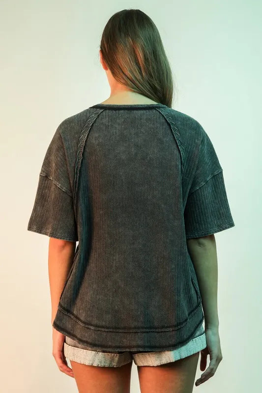 VERY J Full Size Mineral Washed Ribbed Knit Casual Top Plus Size - LoveNest Treasures