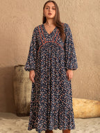 Plus Size Printed V-Neck Balloon Sleeve Dress - LoveNest Treasures