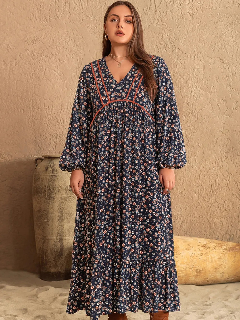 Plus Size Printed V-Neck Balloon Sleeve Dress - LoveNest Treasures