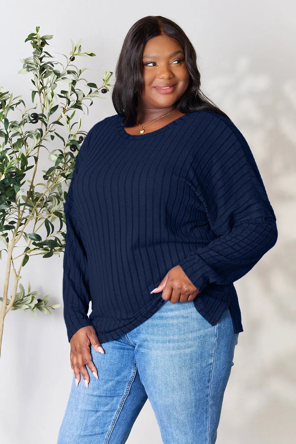 Basic Bae Full Size Ribbed Round Neck Slit Knit Top - LoveNest Treasures