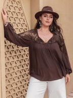 Plus Size Lace Detail Tie Neck Long Sleeve Blouse - LoveNest Treasures