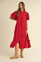Annie Wear Mineral Washed Button Down Puff Sleeve Shirt Dress - LoveNest Treasures