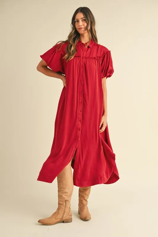 Annie Wear Mineral Washed Button Down Puff Sleeve Shirt Dress - LoveNest Treasures