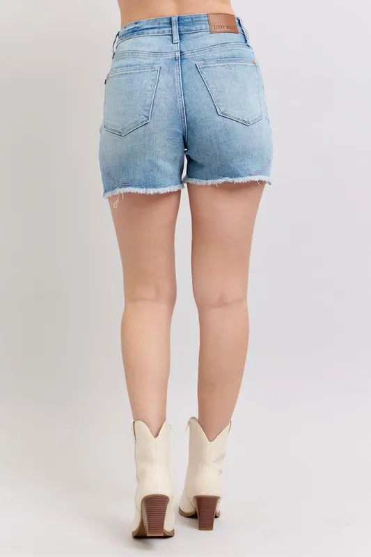 Judy Blue Full Size High Waist Western Embroidery Detail Cut Off Denim Shorts Plus Size - LoveNest Treasures