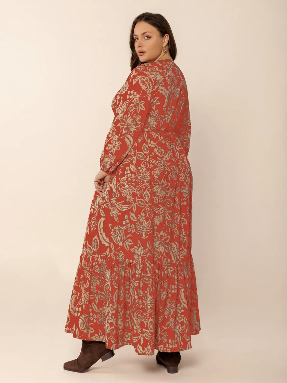 Plus Size Lace Detail Printed Balloon Sleeve Midi Dress - LoveNest Treasures
