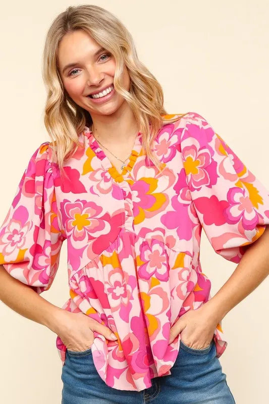 Haptics Full Size Frill Floral Puff Sleeve Blouse - LoveNest Treasures