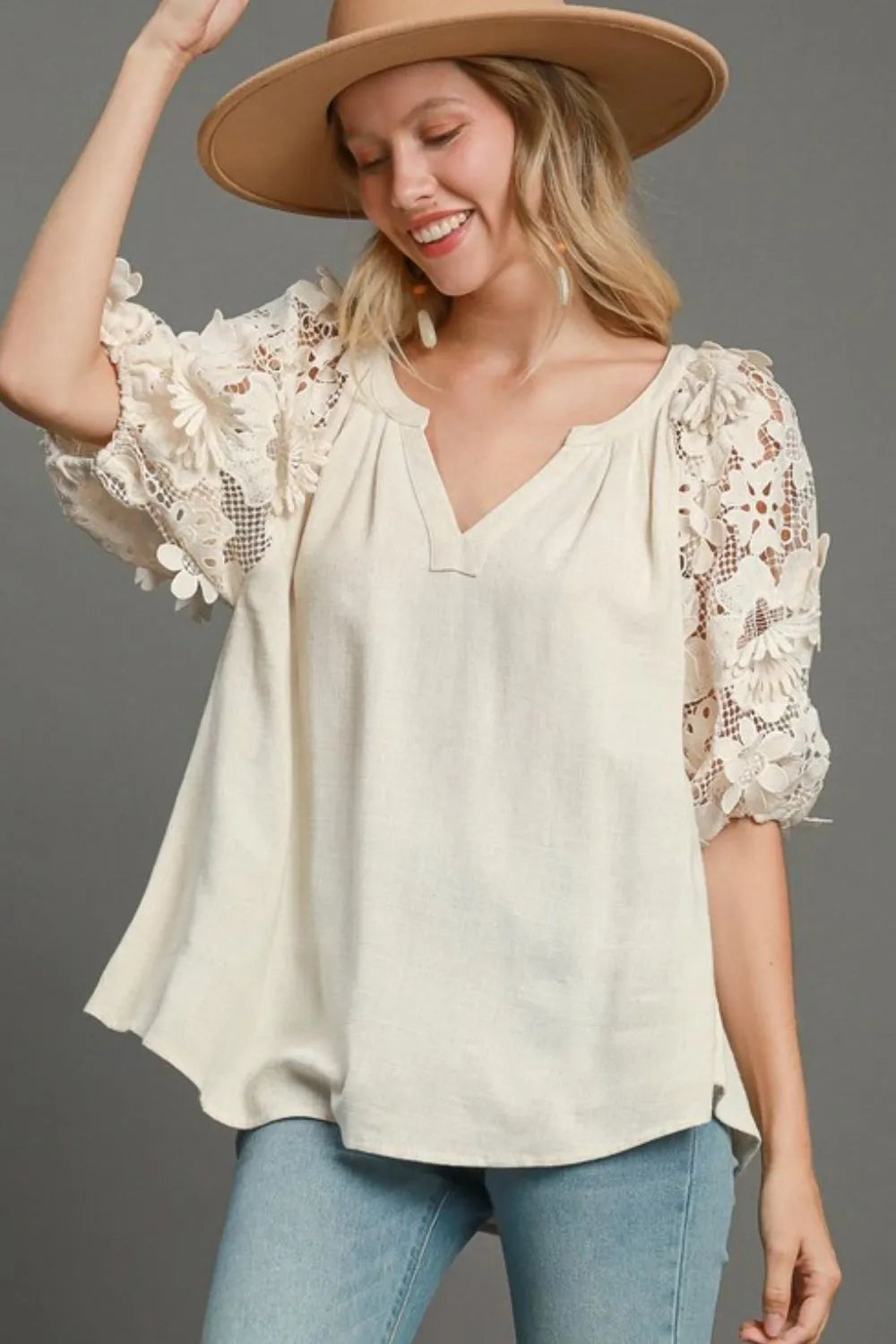Umgee Full Size French Terry Boxy Cut Top with 3D Floral Sleeve Plus Size - LoveNest Treasures