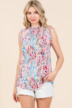 Lime 'N' Chili Full Size Graphic Print Ruffle Trim Mock Neck Sleeveless Top Plus Size - LoveNest Treasures