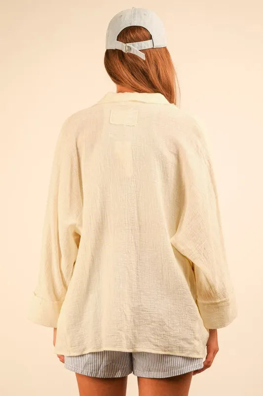 VERY J Full Size Dolman Sleeve Button Down Gauze Shirt Plus Size - LoveNest Treasures