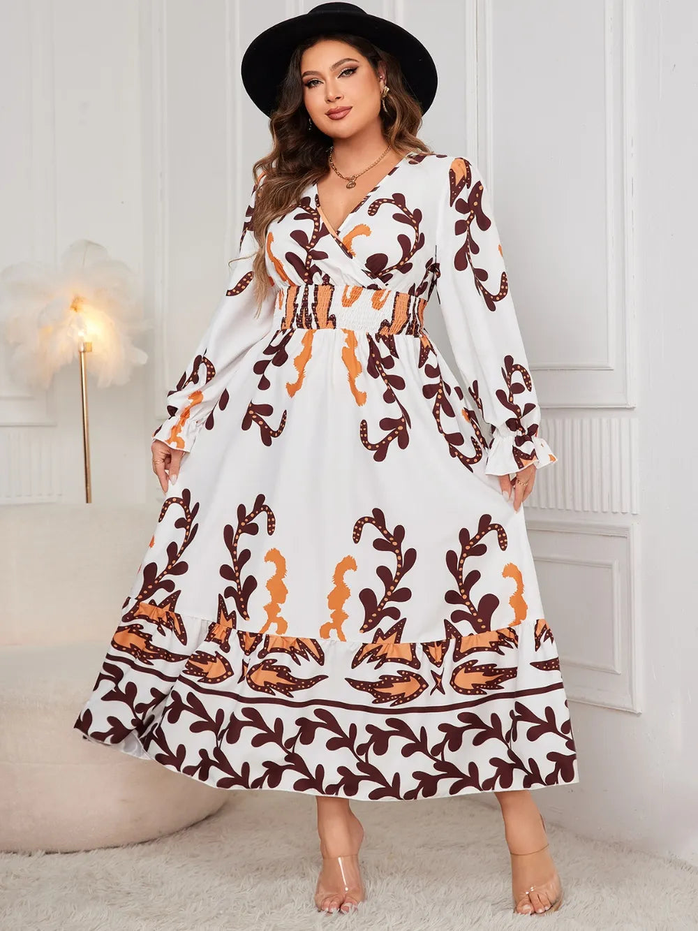 Honey Plus Size Printed Surplice Flounce Sleeve Dress - LoveNest Treasures