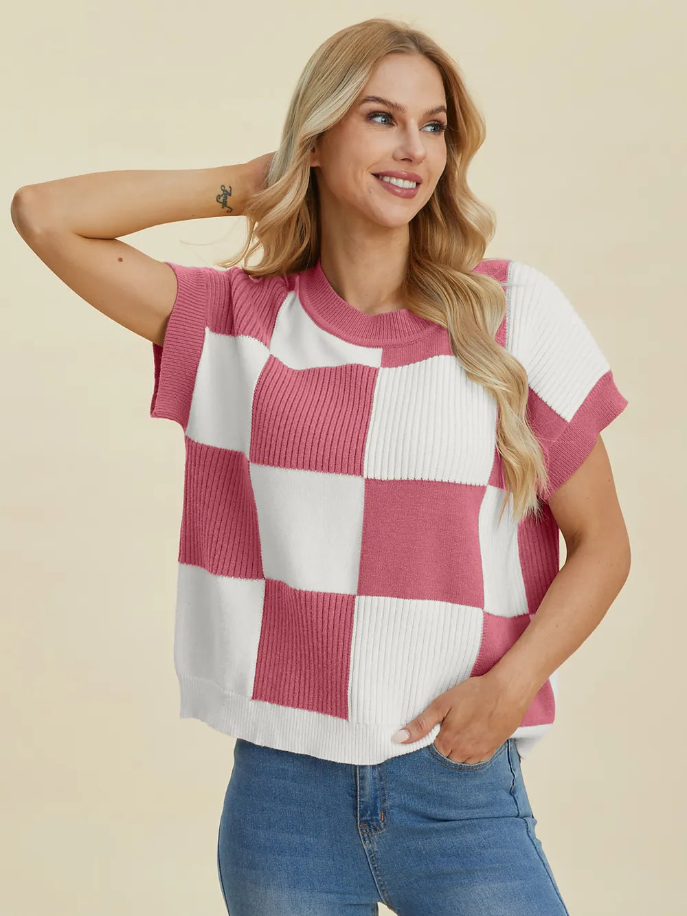 Double Take Full Size Checkered Round Neck Short Sleeve Sweater - LoveNest Treasures