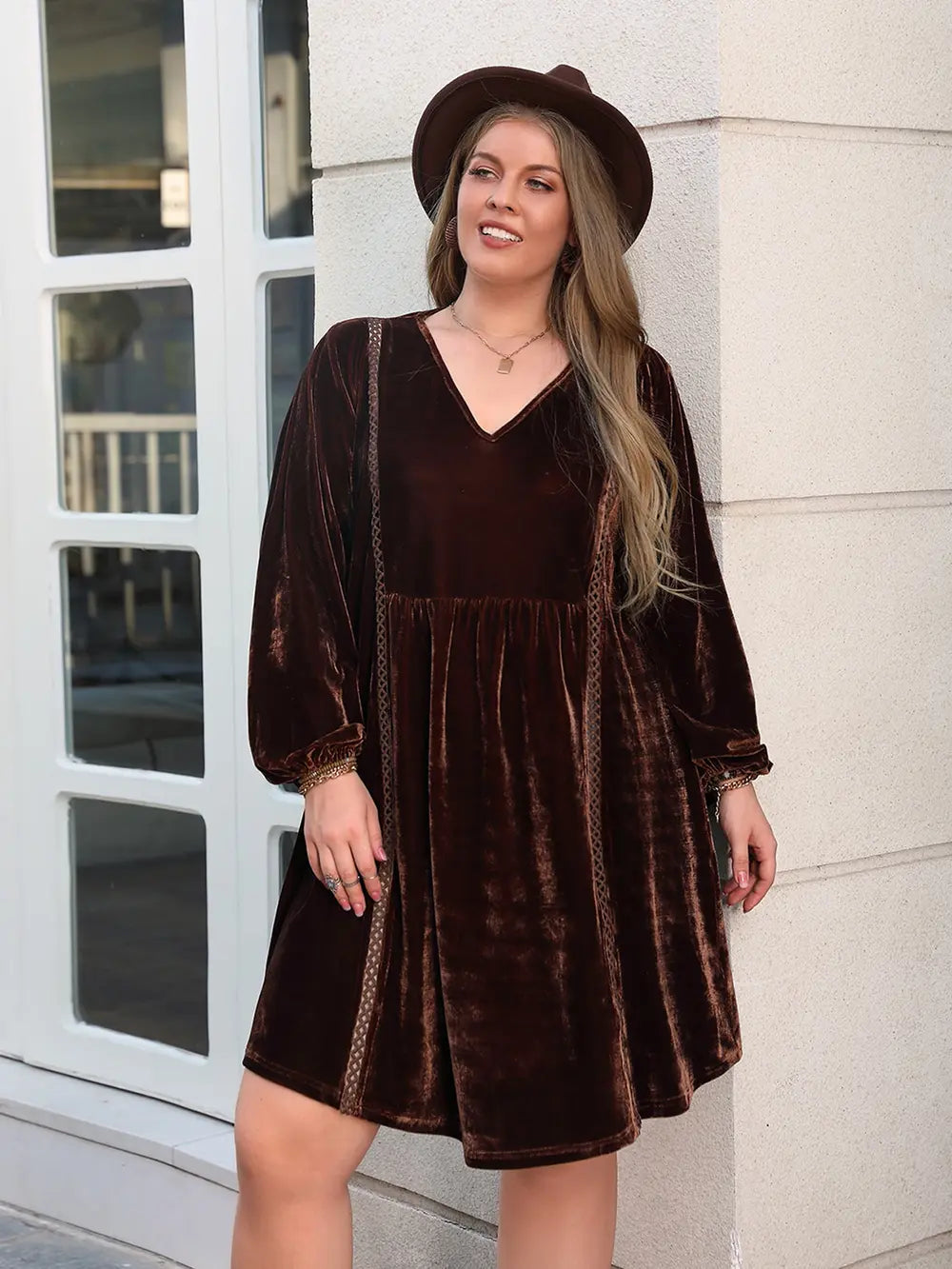 Plus Size V-Neck Balloon Sleeves Dress - LoveNest Treasures