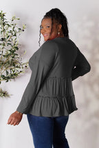 Double Take Half Button Long Sleeve Ruffle Hem Blouse - LoveNest Treasures