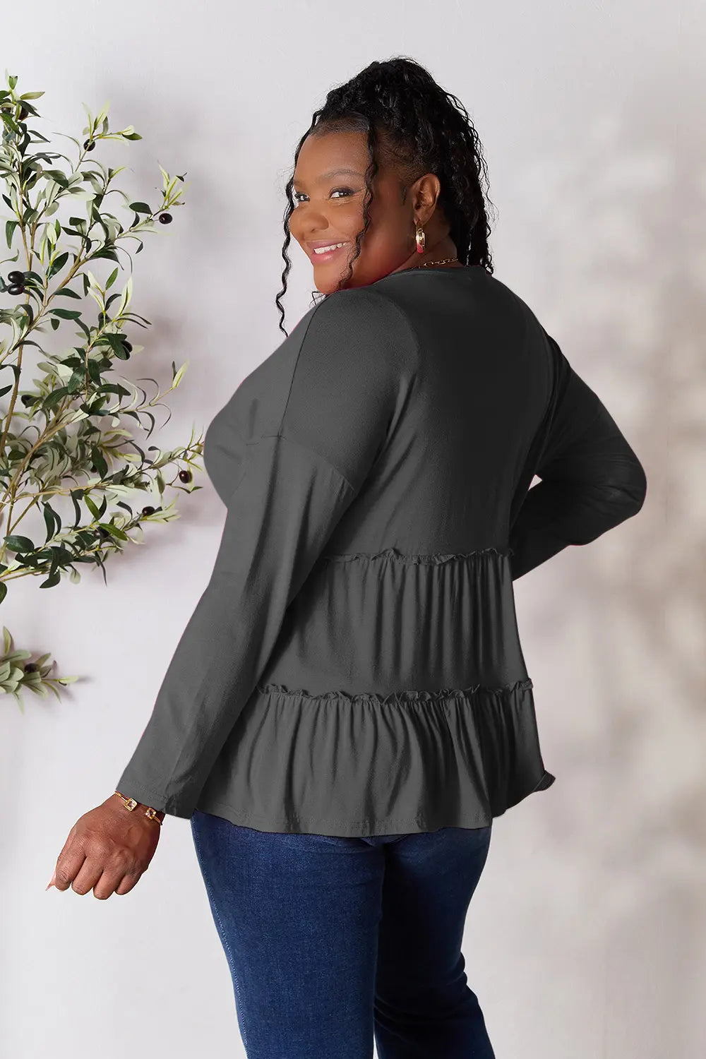 Double Take Half Button Long Sleeve Ruffle Hem Blouse - LoveNest Treasures