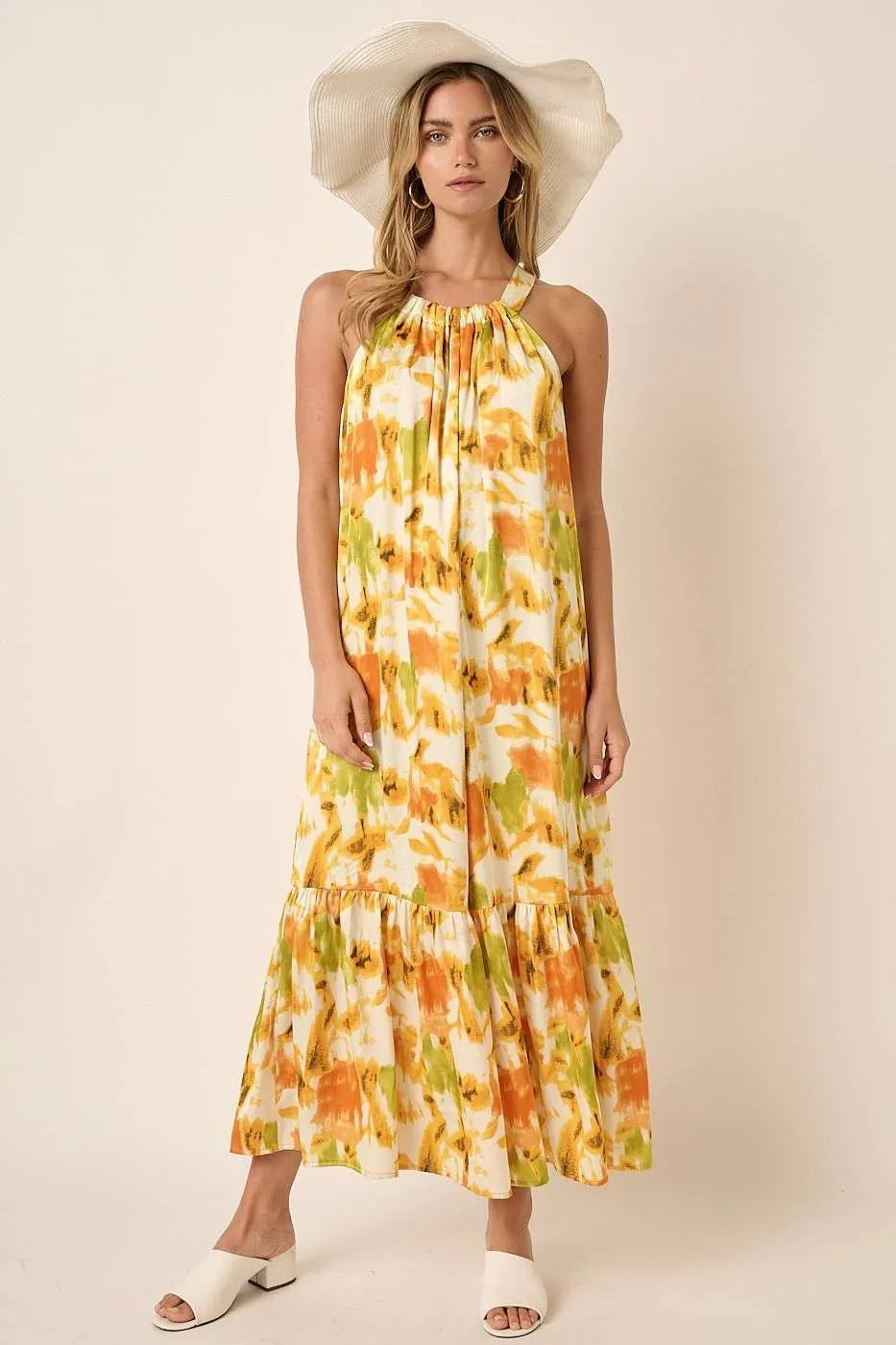 Mittoshop Watercolor Print Halter Neck Satin Maxi Dress - LoveNest Treasures