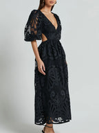 Cutout Back Lace Crochet V-Neck Dress - LoveNest Treasures